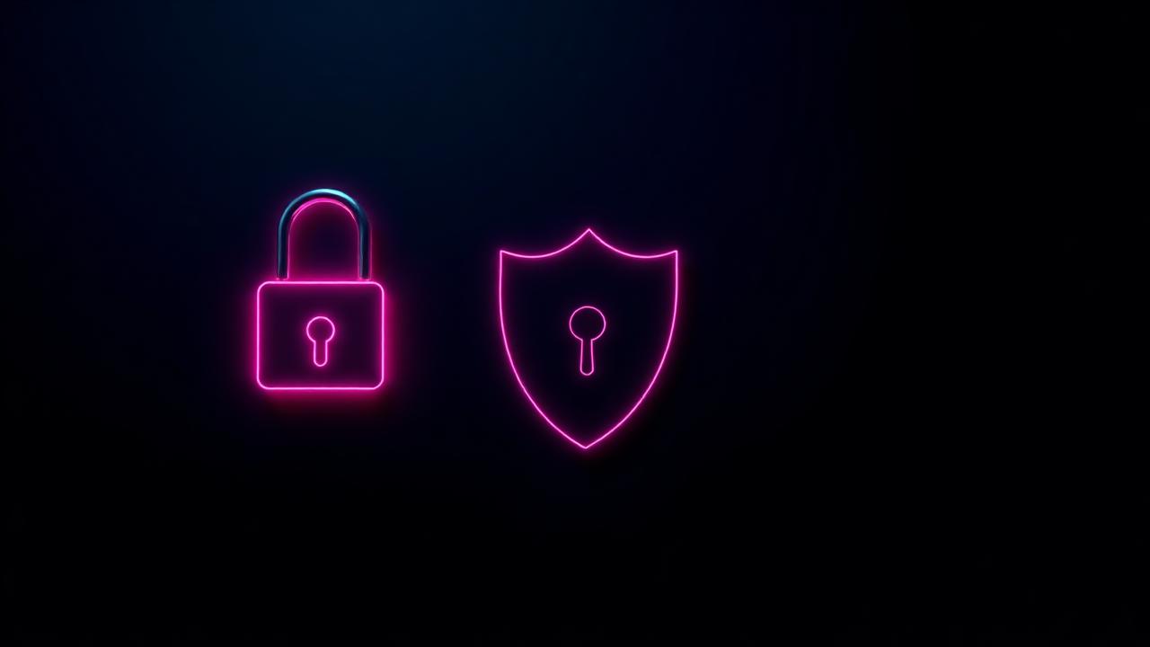 Neon roze hangslot en schild, symbool voor bescherming en Cruks