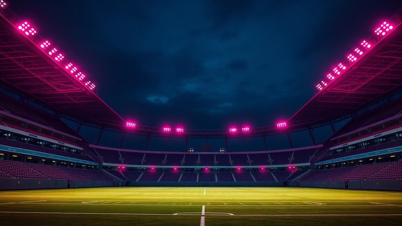 Modern voetbalstadion bij nacht met roze stadionverlichting